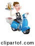 Vector Illustration of a White Male Waiter with a Curling Mustache, Holding a Souvlaki Kebab Sandwich on a Scooter by AtStockIllustration