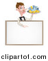 Vector Illustration of a White Male Waiter with a Curling Mustache, Holding Fish and a Chips and Pointing down over a Menu or Blank Sign by AtStockIllustration