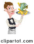 Vector Illustration of a White Male Waiter with a Curling Mustache, Holding Fish and a Chips on a Tray and Pointing by AtStockIllustration