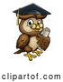 Vector Illustration of a Wise Cartoon Owl Wearing Glasses and Graduation Cap While Carrying a Diploma by AtStockIllustration