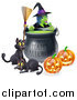 Vector Illustration of a Witch Behind a Boiling Happy Halloween Cauldron with a Broomstick Black Cats and Jackolanterns by AtStockIllustration