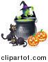 Vector Illustration of a Witch Behind a Boiling Happy Halloween Cauldron with Black Cats and Jackolanterns by AtStockIllustration