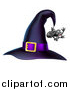 Vector Illustration of a Witch Hat with a Purple Band and Dangling Happy Spider by AtStockIllustration