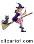 Vector Illustration of a Witch Holding a Magic Wand and Cat Flying on a Broomstick by AtStockIllustration