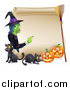 Vector Illustration of a Witch Pointing to a Scroll Sign with Black Cats Halloween Pumpkins and a Broomstick by AtStockIllustration