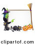 Vector Illustration of a Witch Pointing to a White Board Sign over a Black Cat and Halloween Pumpkins with a Broom by AtStockIllustration