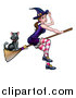 Vector Illustration of a Witch Tipping Her Hat and Flying on a Broomstick with Her Cat by AtStockIllustration