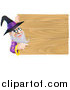 Vector Illustration of a Wizard Looking Around and Pointing at a Wooden Sign by AtStockIllustration