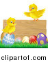 Vector Illustration of a Yellow Chicks and Easter Eggs on Grass by a Wood Sign by AtStockIllustration