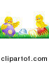 Vector Illustration of a Yellow Easter Chicks Playing in Grass with Eggs by AtStockIllustration