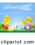 Vector Illustration of a Yellow Easter Chicks Playing in Grass with Eggs Under a Blue Sky by AtStockIllustration