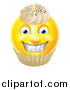 Vector Illustration of a Yellow Male Smiley Emoji Emoticon Face Cupcake with Sprinkles and Frosting by AtStockIllustration