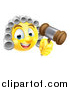 Vector Illustration of a Yellow Smiley Emoji Emoticon Judge Wearing a Wig and Holding a Gavel by AtStockIllustration