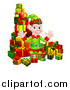 Vector Illustration of a Young Brunette White Male Christmas Elf Surrounded with Gifts by AtStockIllustration
