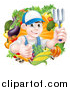 Vector Illustration of a Young Brunette White Male Gardener in Blue, Holding up a Garden Fork and Giving a Thumb up in a Wreath of Produce by AtStockIllustration