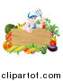 Vector Illustration of a Young Brunette White Male Gardener in Blue, Holding up a Garden Fork and Giving a Thumb up over a Blank Wood Sign with Produce by AtStockIllustration