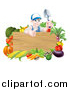 Vector Illustration of a Young Brunette White Male Gardener in Blue, Holding up a Garden Spade and Giving a Thumb up over a Blank Wood Sign with Produce by AtStockIllustration
