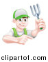 Vector Illustration of a Young Brunette White Male Gardener in Green, Holding a Garden Fork and Pointing over a Sign by AtStockIllustration
