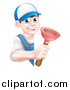 Vector Illustration of a Young Brunette White Male Plumber Holding a Plunger Around a Sign by AtStockIllustration