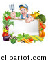 Vector Illustration of a Young Caucasian Male Gardener in Blue, Holding up a Garden Fork and Giving a Thumb up over a Blank White Sign with Produce by AtStockIllustration