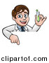 Vector Illustration of a Young Male Scientist Pointing down and Holding a Test Tube over a Sign by AtStockIllustration