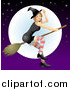 Vector Illustration of a Young Witch Flying on a Broomstick in Front of the Moon by AtStockIllustration