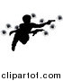 Vector Illustration of an Action Hero Leaping Through the Air and Shooting, with Bullet Holes by AtStockIllustration