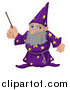 Vector Illustration of an Old Male Warlock Wizard Magician in a Purple Cloak with Star Patterns, Holding a Magic Wand by AtStockIllustration