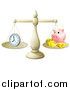 Vector Illustration of Balanced Scales with Time and a Piggy Bank by AtStockIllustration