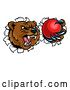 Vector Illustration of Bear Sports Mascot Breaking Through a Wall with a Cricket Ball in a Paw by AtStockIllustration