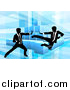 Vector Illustration of Black and White Silhouetted Business Men Fighting over Blocks on Blue by AtStockIllustration