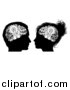 Vector Illustration of Black and White Silhouetted Male and Female Heads with Visible Gear Cogs in Their Brains by AtStockIllustration