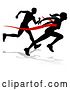 Vector Illustration of Black Silhouetted Female Runner Breaking Through a Red Finish Line and Competing with a Guy, with a Shadow by AtStockIllustration