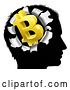 Vector Illustration of Black Silhouetted Guy's Head with a 3d Gold Bitcoin Symbol Breaking Out, Thinking About Money by AtStockIllustration