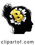 Vector Illustration of Black Silhouetted Lady's Head with a 3d Gold Bitcoin Symbol Breaking Out, Thinking About Money by AtStockIllustration