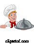 Vector Illustration of Cartoon Chef Cook Baker Guy Holding Domed Tray by AtStockIllustration