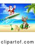 Vector Illustration of Cartoon Christmas Santa Claus and Reindeer Beach Scene by AtStockIllustration