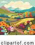 Vector Illustration of Cartoon Fields Landscape Flowers Farm House Background by AtStockIllustration