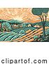 Vector Illustration of Cartoon Fields Rolling Hills Sunrise Farm Land Background by AtStockIllustration