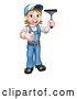 Vector Illustration of Cartoon Full Length Happy White Female Window Cleaner in Blue, Giving a Thumb up and Holding a Squeegee by AtStockIllustration