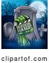 Vector Illustration of Cartoon Green Zombie Hand Holding a Horror Film Night Clapperboard in Front of a Tombstone by AtStockIllustration