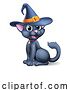 Vector Illustration of Cartoon Halloween Black Cat in Witch Hat Cartoon by AtStockIllustration