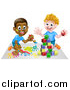 Vector Illustration of Cartoon Happy White and Black Boys Painting and Playing with Blocks by AtStockIllustration