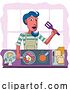 Vector Illustration of Cartoon Lady Cooking Food Fried English Breakfast Kitchen by AtStockIllustration