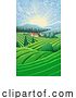 Vector Illustration of Cartoon Landscape Background Hills Mountains Fields Trees by AtStockIllustration