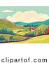 Vector Illustration of Cartoon Landscape Fields Hills Farm House Background by AtStockIllustration