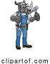 Vector Illustration of Cartoon Rhino Mascot Carpenter Handyman Holding Hammer by AtStockIllustration
