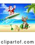 Vector Illustration of Cartoon Santa Claus and Reindeer Christmas Beach Scene by AtStockIllustration