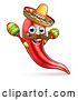 Vector Illustration of Cartoon Spicy Hot Red Chili Pepper Mascot Wearing a Sombrero Hat and Shaking Mexican Maracas by AtStockIllustration