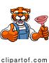 Vector Illustration of Cartoon Tiger Plumber Mascot Holding Plunger by AtStockIllustration